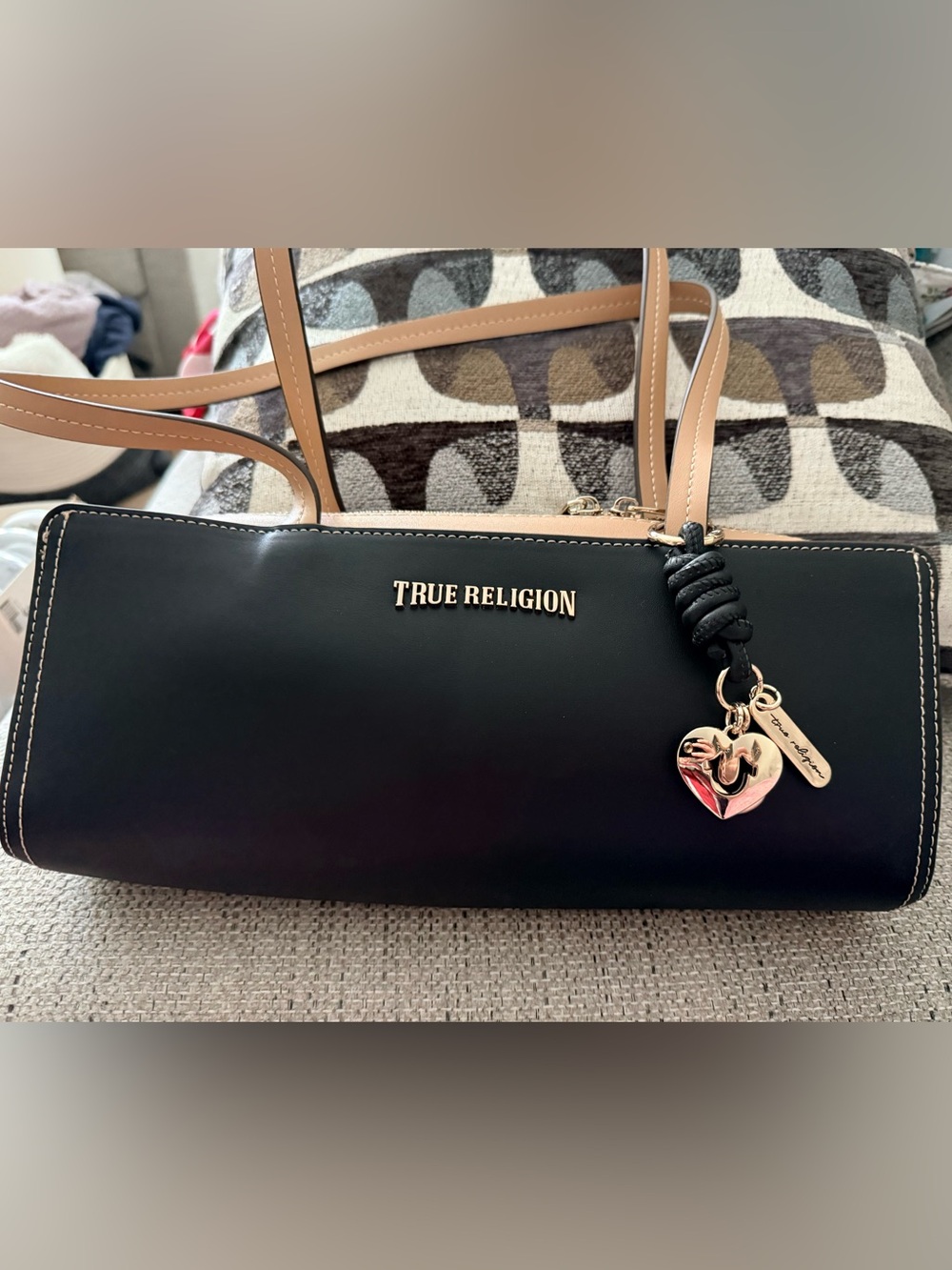 🍁🍂NEW🍁🍂 True Religion Black Shoulder Bag with Tan Trim and Gold Accents TAKE 2